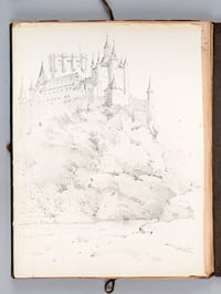 Ensemble de 53 dessins et esquisses d'un séjour en Espagne vers 1850 : [ Dont : ] Vue de l'Alcazar et du pont d'Alcantara à Tolède - Aqueduc, vue de la ville et encombrements [ Ségovie ? ] - Noria et pêcheur à la ligne - Portail d'Eglise à Ségovie - A Tolède. La Boucherie. - Cathédrale de Ségovie - Marché très populeux à Valence - Eglise Saint Jean des Rois à Tolède - Cathédrale de Ségovie - Esquisses Madrid 1850 - Le Tage à Tolède - Couvent de la Merced - Alcazar de Ségovie (4 dessins) - Aqueduc et vue de la ville [ Ségovie ] - Berger allongé - Fuente Anton Martin à Madrid avec marché 1850 [ Fontaine de la Fama ] - Puerta del Cambron à Toledo - Pont d'Alcantara à Tolède -Xeres [ Jerez de la Frontera ], etc. etc.