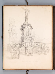 Ensemble de 53 dessins et esquisses d'un séjour en Espagne vers 1850 : [ Dont : ] Vue de l'Alcazar et du pont d'Alcantara à Tolède - Aqueduc, vue de la ville et encombrements [ Ségovie ? ] - Noria et pêcheur à la ligne - Portail d'Eglise à Ségovie - A Tolède. La Boucherie. - Cathédrale de Ségovie - Marché très populeux à Valence - Eglise Saint Jean des Rois à Tolède - Cathédrale de Ségovie - Esquisses Madrid 1850 - Le Tage à Tolède - Couvent de la Merced - Alcazar de Ségovie (4 dessins) - Aqueduc et vue de la ville [ Ségovie ] - Berger allongé - Fuente Anton Martin à Madrid avec marché 1850 [ Fontaine de la Fama ] - Puerta del Cambron à Toledo - Pont d'Alcantara à Tolède -Xeres [ Jerez de la Frontera ], etc. etc.