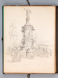 Ensemble de 53 dessins et esquisses d'un séjour en Espagne vers 1850 : [ Dont : ] Vue de l'Alcazar et du pont d'Alcantara à Tolède - Aqueduc, vue de la ville et encombrements [ Ségovie ? ] - Noria et pêcheur à la ligne - Portail d'Eglise à Ségovie - A Tolède. La Boucherie. - Cathédrale de Ségovie - Marché très populeux à Valence - Eglise Saint Jean des Rois à Tolède - Cathédrale de Ségovie - Esquisses Madrid 1850 - Le Tage à Tolède - Couvent de la Merced - Alcazar de Ségovie (4 dessins) - Aqueduc et vue de la ville [ Ségovie ] - Berger allongé - Fuente Anton Martin à Madrid avec marché 1850 [ Fontaine de la Fama ] - Puerta del Cambron à Toledo - Pont d'Alcantara à Tolède -Xeres [ Jerez de la Frontera ], etc. etc.