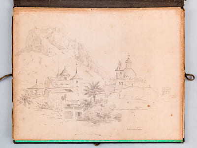 Ensemble de 53 dessins et esquisses d'un séjour en Espagne vers 1850 : [ Dont : ] Vue de l'Alcazar et du pont d'Alcantara à Tolède - Aqueduc, vue de la ville et encombrements [ Ségovie ? ] - Noria et pêcheur à la ligne - Portail d'Eglise à Ségovie - A Tolède. La Boucherie. - Cathédrale de Ségovie - Marché très populeux à Valence - Eglise Saint Jean des Rois à Tolède - Cathédrale de Ségovie - Esquisses Madrid 1850 - Le Tage à Tolède - Couvent de la Merced - Alcazar de Ségovie (4 dessins) - Aqueduc et vue de la ville [ Ségovie ] - Berger allongé - Fuente Anton Martin à Madrid avec marché 1850 [ Fontaine de la Fama ] - Puerta del Cambron à Toledo - Pont d'Alcantara à Tolède -Xeres [ Jerez de la Frontera ], etc. etc.