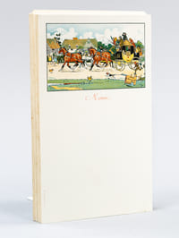 Lot de 90 menus vierges ornés d'un dessin imprimé de Cecil Aldin (malle-poste à 4 chevaux, avec chien de chasse tractant une caisse de champagne de la maison "Lanson Père et Fils", Reims)