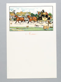 Lot de 90 menus vierges ornés d'un dessin imprimé de Cecil Aldin (malle-poste à 4 chevaux, avec chien de chasse tractant une caisse de champagne de la maison "Lanson Père et Fils", Reims)