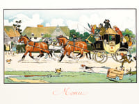 Lot de 90 menus vierges ornés d'un dessin imprimé de Cecil Aldin (malle-poste à 4 chevaux, avec chien de chasse tractant une caisse de champagne de la maison "Lanson Père et Fils", Reims)