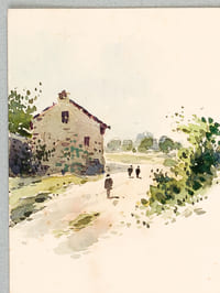 Lot de 9 cartes ornées d'une aquarelle originale (vue de village ou de hameau dans la campagne française)