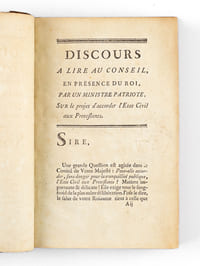 Discours à lire au Conseil en présence du Roi, par un Ministre Patriote, sur le projet d'accorder l'Etat Civil aux Protestants [ Edition originale ]