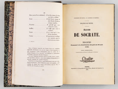 [ Recueil de 12 titres ] Traité des sept Espèces de Verbes de la Langue Française par M. Darles [ Suivi  de : ] Eloge de Socrate. Collège de Vienne. Discours prononcé à la distribution des prix du 26 août 1850 par M. Léonard Revel [ Suivi  de : ] De l'influence des Doctrines et de la Civilisation sur la Musique. Discours de réception à l'Académie des Sciences, Belles-Lettres et Arts de Lyon, lu dans la séance publique du 3 juillet 1855, par le Docteur Théodore Perrin [ Suivi  de : ] Observations sur l'Histoire de Lyon de M. J. Morin, depuis 1789, par M. Marc-Antoine Péricaud, avocat [ Suivi  de : ] Des Affinités de la Poésie et de l'Industrie dans l'Antiquité grecque, par J. Tisseur [ Suivi  de : ] Macaulay et l'Histoire contemporaine. Discours prononcé à la rentrée des Facultés, le mercredi 28 novembre, par M. Dareste de la Chavanne [ Suivi  de : ] Rapport adressé à M. le Ministre de l'Instruction Publique sur le passage d'Annibal dans les Alpes, par C. Chappuis [ Suivi  de : ] De la Dignité de l'Art. Discours de Réception prononcé dans la séance publique de l'Académie impériale des sciences, belles-lettres et arts de Lyon, le 28 février 1860, par M. Fabisch, statuaire [ Suivi  de : ] Notice sur l'Hôtel-de-Ville de Lyon, et sur les Restaurations dont il a été l'objet, par T. Desjardins [ Suivi  de : ] Deux poètes provençaux par Clair Tisseur [ Suivi  de : ] Inauguration de la Statue du Docteur Bonnet à Lyon, le 2 juillet 1862. Discours prononcés à cette cérémonie [ Suivi  de : ] Procès-Verbal de l'audience solennelle de rentrée de la Cour Impériale de Lyon le 3 novembre 1863. Des Peines correctionnelles. Discours prononcé par M. Gaulot, procureur général