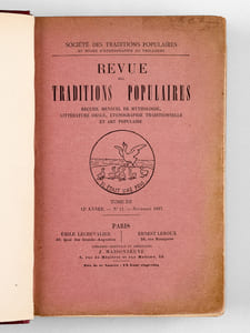 Recueil d'articles de Mme Marie Edmée Vaugeois sur le thème des Rimes et Jeux de l'Enfance en Loire-Inférieure, Rimes et Jeux du Pays Nantais, Jeux et Formulettes du Pays Nantais, Usages et Coutumes du Pays Nantais, Usages et Superstitions de Nantes et de la Loire-Inférieure, Contes et Légendes de la Haute-Bretagne, Contes et Légendes de Fougères, etc... publiés dans la Revue des Traditions Populaires entre novembre 1897 et 1906 [ Avec une L.A.S. de l'auteur et deux feuillets autographes de tables ]