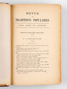 Recueil d'articles de Mme Marie Edmée Vaugeois sur le thème des Rimes et Jeux de l'Enfance en Loire-Inférieure, Rimes et Jeux du Pays Nantais, Jeux et Formulettes du Pays Nantais, Usages et Coutumes du Pays Nantais, Usages et Superstitions de Nantes et de la Loire-Inférieure, Contes et Légendes de la Haute-Bretagne, Contes et Légendes de Fougères, etc... publiés dans la Revue des Traditions Populaires entre novembre 1897 et 1906 [ Avec une L.A.S. de l'auteur et deux feuillets autographes de tables ]