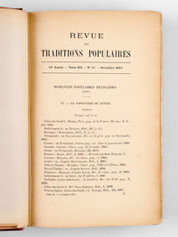 Recueil d'articles de Mme Marie Edmée Vaugeois sur le thème des Rimes et Jeux de l'Enfance en Loire-Inférieure, Rimes et Jeux du Pays Nantais, Jeux et Formulettes du Pays Nantais, Usages et Coutumes du Pays Nantais, Usages et Superstitions de Nantes et de la Loire-Inférieure, Contes et Légendes de la Haute-Bretagne, Contes et Légendes de Fougères, etc... publiés dans la Revue des Traditions Populaires entre novembre 1897 et 1906 [ Avec une L.A.S. de l'auteur et deux feuillets autographes de tables ]