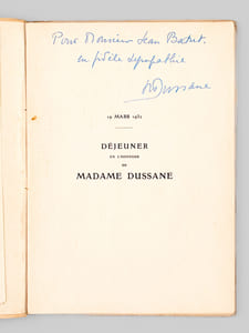 Déjeuner en l'honneur de Madame Dussane, Sociétaire de la Comédie Française, Samedi 19 mars 1932. Discours et Poésies [ Livre dédicacé par Béatrix Dussane ]