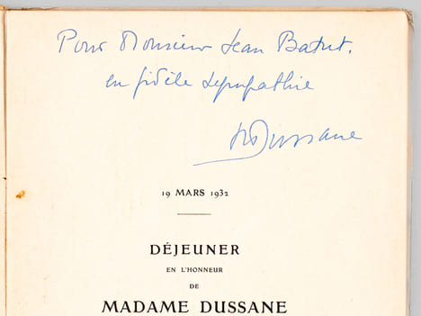 Déjeuner en l'honneur de Madame Dussane, Sociétaire de la Comédie Française, Samedi 19 mars 1932. Discours et Poésies [ Livre dédicacé par Béatrix ...