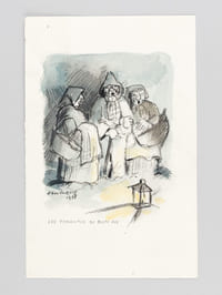 Ensemble de 3 aquarelles et peinture : "Les Tchantus di Bon An" - "Le Coq de Mon Village Vu par un Potier des Moustiers" - Coq