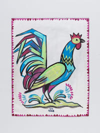 Ensemble de 3 aquarelles et peinture : "Les Tchantus di Bon An" - "Le Coq de Mon Village Vu par un Potier des Moustiers" - Coq
