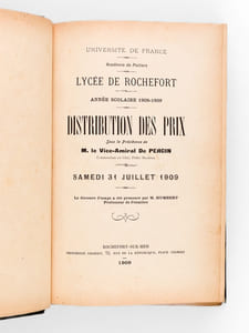 [ Recueil de 13 Palmarès : Distribution des Prix du Lycée de Rochefort de 1909 à 1921 ] Lycée de Rochefort. Année Scolaire 1908-1909. Distribution des prix sous la présidence de M. le Vice-Amiral de Percin. Samedi 31 juillet 1909. Discours de M. Humbert, Imprimerie Colbert, Rochefort sur Mer, 1909, 79 pp. [ Suivi de : ]  Lycée de Rochefort. Année Scolaire 1909--1910. Distribution des prix sous la présidence de M. le Général Farinaux. Samedi 30 juillet 1910. Discours de M. Denis, Imprimerie Colbert, Rochefort sur Mer, 1909, 78 pp. [ Suivi de : ]  Lycée de Rochefort. Année Scolaire 1910-1911. Distribution des prix sous la présidence de M. Cavalier. Samedi 29 juillet 1911. Discours de M. Denis, Imprimerie Colbert, Rochefort sur Mer, 1911, 87 pp. [ Suivi de : ]  Lycée de Rochefort. Année Scolaire 1911-1912. Distribution des prix sous la présidence de M. le Vice-Amiral Arago. Samedi 27 juillet 1912. Discours de M. Coville, Imprimerie Colbert, Rochefort sur Mer, 1912, 88 pp. [ Suivi de : ]  Lycée de Rochefort. Année Scolaire 1912-1913. Distribution des prix sous la présidence de M. Machenaud. Dimanche 13 juillet 1913. Discours de M. Leroux, Imprimerie Colbert, Rochefort sur Mer, 1913, 54 pp. et pp. 81-88 [ Suivi de : ]  Lycée de Rochefort. Année Scolaire 1913-1914 Distribution des prix sous la présidence de M. Paul Roquère. Dimanche 12 juillet 1914. Discours de M. Denis, Imprimerie Colbert, Rochefort sur Mer, 1914, 91 pp. [ Suivi de : ]  Lycée de Rochefort. Année Scolaire 1914-1915. Distribution des prix sous la présidence de M. Ad. Crémieux. Mardi 13 juillet 1915. Imprimerie Colbert, Rochefort sur Mer, 1915, 87 pp. [ Suivi de : ]  Lycée de Rochefort. Année Scolaire 1915-1916. Distribution des prix sous la présidence de M. Ad. Crémieux. Jeudi  13 juillet 1916. Discours de M. Bazaillas, Imprimerie Colbert, Rochefort sur Mer, 1916, 93 pp.  [ Suivi de : ]  Lycée de Rochefort. Année Scolaire 1916-1917. Distribution des prix sous la présidence de M. Ad. Crémieux. Jeudi  12 juillet 1917. Discours de M. Picard, Imprimerie Colbert, Rochefort sur Mer, 1917, 100 pp. [ Suivi de : ]  Lycée de Rochefort. Année Scolaire 1917-1918. Distribution des prix sous la présidence de M. le Vice-Amiral. Samedi 13 juillet 1918. Discours de M. Mélèse, Imprimerie Colbert, Rochefort sur Mer, 1918, 96 pp. [ Suivi de : ]  Lycée de Rochefort. Année Scolaire 1918-1919. Distribution des prix sous la présidence de M. le Vice-Amiral Jaurès. Samedi 12 juillet 1919. Discours de M. Picard, Imprimerie Colbert, Rochefort sur Mer, 1919, 89 pp.  [ Suivi de : ]  Lycée de Rochefort. Année Scolaire 1919-1920. Distribution des prix sous la présidence de M. Palmade. Lundi 12 juillet 1920. Discours de M. Lacombe, Imprimerie Colbert, Rochefort sur Mer, 1920, 89 pp.  [ Suivi de : ]  Lycée de Rochefort. Année Scolaire 1920-1921. Distribution des prix sous la présidence de M. le Contre-Amiral de la Taste. Mercredi 13 juillet 1921. Discours de M. Picard, Imprimerie Colbert, Rochefort sur Mer, 1921, 86 pp. 