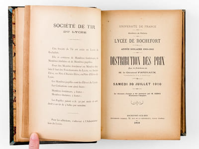 [ Recueil de 13 Palmarès : Distribution des Prix du Lycée de Rochefort de 1909 à 1921 ] Lycée de Rochefort. Année Scolaire 1908-1909. Distribution des prix sous la présidence de M. le Vice-Amiral de Percin. Samedi 31 juillet 1909. Discours de M. Humbert, Imprimerie Colbert, Rochefort sur Mer, 1909, 79 pp. [ Suivi de : ]  Lycée de Rochefort. Année Scolaire 1909--1910. Distribution des prix sous la présidence de M. le Général Farinaux. Samedi 30 juillet 1910. Discours de M. Denis, Imprimerie Colbert, Rochefort sur Mer, 1909, 78 pp. [ Suivi de : ]  Lycée de Rochefort. Année Scolaire 1910-1911. Distribution des prix sous la présidence de M. Cavalier. Samedi 29 juillet 1911. Discours de M. Denis, Imprimerie Colbert, Rochefort sur Mer, 1911, 87 pp. [ Suivi de : ]  Lycée de Rochefort. Année Scolaire 1911-1912. Distribution des prix sous la présidence de M. le Vice-Amiral Arago. Samedi 27 juillet 1912. Discours de M. Coville, Imprimerie Colbert, Rochefort sur Mer, 1912, 88 pp. [ Suivi de : ]  Lycée de Rochefort. Année Scolaire 1912-1913. Distribution des prix sous la présidence de M. Machenaud. Dimanche 13 juillet 1913. Discours de M. Leroux, Imprimerie Colbert, Rochefort sur Mer, 1913, 54 pp. et pp. 81-88 [ Suivi de : ]  Lycée de Rochefort. Année Scolaire 1913-1914 Distribution des prix sous la présidence de M. Paul Roquère. Dimanche 12 juillet 1914. Discours de M. Denis, Imprimerie Colbert, Rochefort sur Mer, 1914, 91 pp. [ Suivi de : ]  Lycée de Rochefort. Année Scolaire 1914-1915. Distribution des prix sous la présidence de M. Ad. Crémieux. Mardi 13 juillet 1915. Imprimerie Colbert, Rochefort sur Mer, 1915, 87 pp. [ Suivi de : ]  Lycée de Rochefort. Année Scolaire 1915-1916. Distribution des prix sous la présidence de M. Ad. Crémieux. Jeudi  13 juillet 1916. Discours de M. Bazaillas, Imprimerie Colbert, Rochefort sur Mer, 1916, 93 pp.  [ Suivi de : ]  Lycée de Rochefort. Année Scolaire 1916-1917. Distribution des prix sous la présidence de M. Ad. Crémieux. Jeudi  12 juillet 1917. Discours de M. Picard, Imprimerie Colbert, Rochefort sur Mer, 1917, 100 pp. [ Suivi de : ]  Lycée de Rochefort. Année Scolaire 1917-1918. Distribution des prix sous la présidence de M. le Vice-Amiral. Samedi 13 juillet 1918. Discours de M. Mélèse, Imprimerie Colbert, Rochefort sur Mer, 1918, 96 pp. [ Suivi de : ]  Lycée de Rochefort. Année Scolaire 1918-1919. Distribution des prix sous la présidence de M. le Vice-Amiral Jaurès. Samedi 12 juillet 1919. Discours de M. Picard, Imprimerie Colbert, Rochefort sur Mer, 1919, 89 pp.  [ Suivi de : ]  Lycée de Rochefort. Année Scolaire 1919-1920. Distribution des prix sous la présidence de M. Palmade. Lundi 12 juillet 1920. Discours de M. Lacombe, Imprimerie Colbert, Rochefort sur Mer, 1920, 89 pp.  [ Suivi de : ]  Lycée de Rochefort. Année Scolaire 1920-1921. Distribution des prix sous la présidence de M. le Contre-Amiral de la Taste. Mercredi 13 juillet 1921. Discours de M. Picard, Imprimerie Colbert, Rochefort sur Mer, 1921, 86 pp. 