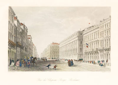 Rue du Chapeau-Rouge, Bordeaux [ Gravure originale en couleurs du Cours du Chapeau-Rouge à Bordeaux ]