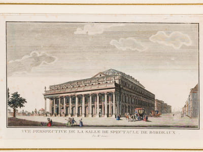 Vue perspective de la Salle de Spectacle de Bordeaux par M. Louis [ Gravure rehaussée en couleurs du Grand Théâtre de Bordeaux ]