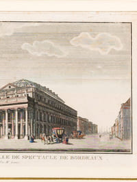Vue perspective de la Salle de Spectacle de Bordeaux par M. Louis [ Gravure rehaussée en couleurs du Grand Théâtre de Bordeaux ]