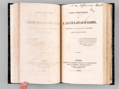 [ Recueil de 6 titres : ] Notice historique sur François de Bastard, comte d'Estang, pair de France [ Edition originale ] [ Suivi de : ] Notice biographique et historique, sur le Général J.-B. Dupin, Baron de l'Empire, Ancien Colonel des Chasseurs à Pied de la Garde, par Eugène Dauriac [ Edition originale ] [ Suivi de : ] Notice biographique sur M. Lacave-Laplagne-Barris, Président à la Cour de Cassation, Ancien Pair de France [ Edition originale - Livre dédicacé par l'auteur ] [ Suivi de : ]  Précis historique sur la Vie et les Travaux de Jean Darcet, Membre du Sénat Conservateur de l'Institut National, etc., par Michel-J.-J. Dizé [ Edition originale ] [ Suivi de : ] Eloge historique de Jean-Charles Borda, Membre de l'Institut national, né à Dax, département des Landes, le 4 mai 1733, par S. F. Lacroix [ Edition originale ] [ Suivi de : ]  Eloge historique de Jean-Jacques Lamarque, Vicaire Général du Diocèse de Bayonne, suivi d'une Notice sur la vie de M. l'Abbé Bilhère, Supérieur Général des Missions Etrangères, par M. l'Abbé Desmazures [ Edition originale ]