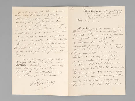 [ Lot de 2 belles pièces autographes signées ] 1 L.A.S. de 3 pp., datée du 12 mai 1908: «Mon cher ami, il pleut, mais ton article sur le Briseur de ...