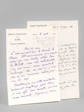 [ Lot de 2 lettres autographes signées, à en-tête de l’Ecole Française de Rome ] 1 L.A.S. datée du 21 avril 1903: Mon cher ami, C’est aujourd’hui la ...