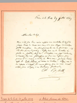 Lettre autographe signée, datée de la Prison de la [ … ] le 29 juillet 1849: «Mon cher Dulord, Vous n’êtes pas sans avoir appris mon arrestation le 13 ...