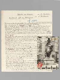 [ Manuscrit autographe signé d'un article sur Théodore Aubanel ] Billet de Minuit : "Aubanel fêté en Avignon ou Le souvenir d'Aubanel" : "On vient de clore le cycle des fêtes données en Avignon ces dernières semaines pour commémorer le centenaire de Théodore Aubanel. Dans ce jardin du musée Calvet, où, voici peu de temps, Pol Neveux honorait le passage de Stendhal, un écrivain du nord de la Loire (le signataire de ces lignes), invité par l'Académie du Vaucluse, a apporté à la poésie méridionale l'hommage d'Oïl à Oc. Hommage d'autant plus convaincu et justifié que les chants intimes de Théodore Aubanel, par la qualité de coeur qui les dicte, par leur accent de vérité humaine et permanente, rayonnent bien au-delà de leur foyer. Les vingt-cinq petites pièces qui, dans la Grenade Entr'Ouverte, composent le "Livre de l'Amour" ont été souvent comparées, égalées à l'Intermezzo de Henri Heine. Intermezzo latin, où celui qui devait chanter plus tard en vers impérissables la vénus d'Arles élève, songeant à celle qu'il aima et qui s'est faite religieuse, sa plainte pure, brûlante et soumise. [...] [il évoque : ] "la pauvre fille de Charité, cette "Zani" au visage d'espagnole qui, pour la robe de bure des Soeurs de St Vincent de Paul, quitta la robe "couleur-de-Grenade" qu'elle portait le jour où Aubanel la vit pour la première fois. Les souvenirs terrestres de Zani et d'Aubanel, dans leur matérialité pour ainsi dire décantée, sont pieusement conservés dans la famille du poëte. Présentement, on peut les voir dans une salle du musée Calvet. Il y a là des portraits d'Aubanel, des siens, entre autres du "Corsaire grec" dont le poète descendait. Il y a là aussi un portrait de Zani, pas bien grand, tout modeste, sombre hostie offerte aux mystères cruels du sacrifice. Il y a là des manuscrits, des lettres ; ce touchant "cahier rouge" où Aubanel consigna mille détails tendres [... ] Enfin, dans sa blancheur immaculée, voici le grand exemplaire unique de La Grenade Entr'ouverte, que le poète fit imprimer spécialement "pour Zani" et que sa sainte inspiratrice, toute vouée à soigner les vieillards, à guider les enfants ne devait jamais, pour le presser sur un coeur inconsolé, toucher de ses maines mortelles".