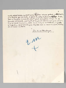 [ Manuscrit autographe signé d'un article sur Théodore Aubanel ] Billet de Minuit : "Aubanel fêté en Avignon ou Le souvenir d'Aubanel" : "On vient de clore le cycle des fêtes données en Avignon ces dernières semaines pour commémorer le centenaire de Théodore Aubanel. Dans ce jardin du musée Calvet, où, voici peu de temps, Pol Neveux honorait le passage de Stendhal, un écrivain du nord de la Loire (le signataire de ces lignes), invité par l'Académie du Vaucluse, a apporté à la poésie méridionale l'hommage d'Oïl à Oc. Hommage d'autant plus convaincu et justifié que les chants intimes de Théodore Aubanel, par la qualité de coeur qui les dicte, par leur accent de vérité humaine et permanente, rayonnent bien au-delà de leur foyer. Les vingt-cinq petites pièces qui, dans la Grenade Entr'Ouverte, composent le "Livre de l'Amour" ont été souvent comparées, égalées à l'Intermezzo de Henri Heine. Intermezzo latin, où celui qui devait chanter plus tard en vers impérissables la vénus d'Arles élève, songeant à celle qu'il aima et qui s'est faite religieuse, sa plainte pure, brûlante et soumise. [...] [il évoque : ] "la pauvre fille de Charité, cette "Zani" au visage d'espagnole qui, pour la robe de bure des Soeurs de St Vincent de Paul, quitta la robe "couleur-de-Grenade" qu'elle portait le jour où Aubanel la vit pour la première fois. Les souvenirs terrestres de Zani et d'Aubanel, dans leur matérialité pour ainsi dire décantée, sont pieusement conservés dans la famille du poëte. Présentement, on peut les voir dans une salle du musée Calvet. Il y a là des portraits d'Aubanel, des siens, entre autres du "Corsaire grec" dont le poète descendait. Il y a là aussi un portrait de Zani, pas bien grand, tout modeste, sombre hostie offerte aux mystères cruels du sacrifice. Il y a là des manuscrits, des lettres ; ce touchant "cahier rouge" où Aubanel consigna mille détails tendres [... ] Enfin, dans sa blancheur immaculée, voici le grand exemplaire unique de La Grenade Entr'ouverte, que le poète fit imprimer spécialement "pour Zani" et que sa sainte inspiratrice, toute vouée à soigner les vieillards, à guider les enfants ne devait jamais, pour le presser sur un coeur inconsolé, toucher de ses maines mortelles".