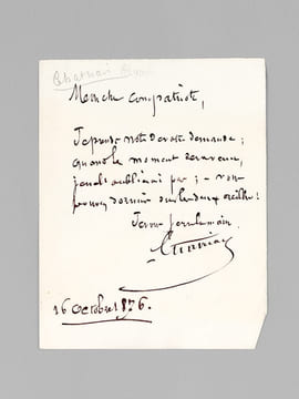 [ Lettre autographe signée ] 1 L.A.S., datée du 16 octobre 1876 : "Mon cher Compatriote, Je prends note de votre demande ; quand le moment sera venu, ...