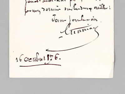 [ Lettre autographe signée ] 1 L.A.S., datée du 16 octobre 1876 : "Mon cher Compatriote, Je prends note de votre demande ; quand le moment sera venu, je ne l'oublierai pas ; - vous pouvez dormir sur les deux oreilles ! Je vous serre la main"