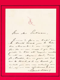[ Lettre autographe signée adressée à l'écrivain Emile Erckmann : ] 1 L.A.S. d'une page, non datée : "Mon cher Erckmann, Je viens de faire un traité avec M. Arnold Hirsch pour la traduction allemande de mes ouvrages. Peut-être ne vous serait-il pas désagréable de tirer cette deuxième monture de votre sac. Madame Sand, Dumas fils, Feuillet, tous vos pairs ont traité avec M. Hirsch, et ils s'en louent. Je souhaite que vous vous entendiez avec lui, et je vous serre cordialement la main".