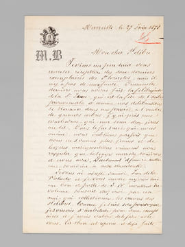 [ 3 lettres autographes signées adressées à Melchior Barthès : ] 1 L.A.S. de 2 pages datée de Marseille le 17 avril 1874 : [ Marius Bourrely se ...