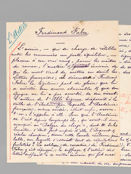 [ Ensemble de documents consacrés à Ferdinand Fabre, dont 6 lettres autographes signées et 2 cartes de visites avec mention autographe de Ferdinand ...