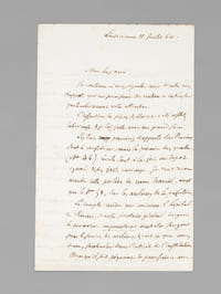 [ Lettre autographe signée : ] 1 L.A.S. datée de Louveciennes, 11 juillet 1864 : [ Il évoque ses recherches dans les archives de Seine-et-Marne et de Provins et continue : ] "Le compte-rendu qui concerne l'hôpital de Provins, si notre secrétaire général daignait le parcouri, augmenterait peut-être son goût pour le service des archives, & c'est ce que nous devons souhaiter dans l'intérêt de l'institution. Bien qu'il soit piquant de poursuivre avec persévérance depuis onze années, sans grand encouragement, une des oeuvres qui recommanderont le plus, aux yeux de nos successeurs, l'administration actuelle de notre ministère, je ne tiens pas d'une manière essentielle à la poétique auréole des gens méconnus" [ Il regrette de ne pas avoir pu rencontrer son interlocuteur. Il repart pour la Creuse, l'Ardèche et la Savoie ] "Si vous voyez M le Duc de P., je vous prie expressément de lui offrir mon hommage & mes pieux souvenirs. J'aurais dû y retourner ; je crains de lui être importun, & cette pensée me rend contraint en sa présence. Il me croit au dessous de ma tâche et me l'a presque avoué ; - dur loyer d'un zèle que rien ne décourage, vous le savez, vous ! Il a accueilli, contre moi, des infirmations, & conçu des préventions qui sont un chagrin constant dans ma vie. La reconnaissance, l'affection qui me lient à un homme qui a tout mon respect enveniment encore une blessure dont je ne guérirai pas. Mais pourquoi diantre vous dis-je tout cela ? Peut-être parce que j'y pense sans cesse. A vous de coeur"