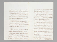 [ Lettre autographe signée : ] 1 L.A.S. datée de Louveciennes, 11 juillet 1864 : [ Il évoque ses recherches dans les archives de Seine-et-Marne et de Provins et continue : ] "Le compte-rendu qui concerne l'hôpital de Provins, si notre secrétaire général daignait le parcouri, augmenterait peut-être son goût pour le service des archives, & c'est ce que nous devons souhaiter dans l'intérêt de l'institution. Bien qu'il soit piquant de poursuivre avec persévérance depuis onze années, sans grand encouragement, une des oeuvres qui recommanderont le plus, aux yeux de nos successeurs, l'administration actuelle de notre ministère, je ne tiens pas d'une manière essentielle à la poétique auréole des gens méconnus" [ Il regrette de ne pas avoir pu rencontrer son interlocuteur. Il repart pour la Creuse, l'Ardèche et la Savoie ] "Si vous voyez M le Duc de P., je vous prie expressément de lui offrir mon hommage & mes pieux souvenirs. J'aurais dû y retourner ; je crains de lui être importun, & cette pensée me rend contraint en sa présence. Il me croit au dessous de ma tâche et me l'a presque avoué ; - dur loyer d'un zèle que rien ne décourage, vous le savez, vous ! Il a accueilli, contre moi, des infirmations, & conçu des préventions qui sont un chagrin constant dans ma vie. La reconnaissance, l'affection qui me lient à un homme qui a tout mon respect enveniment encore une blessure dont je ne guérirai pas. Mais pourquoi diantre vous dis-je tout cela ? Peut-être parce que j'y pense sans cesse. A vous de coeur"