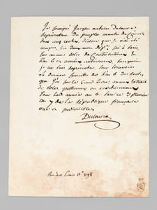 [ Pièce autographe signée : ] 1 P.A.S. d'une page, datée de Paris, 3 Pluviôse An 7 : "Je soussigné Jacques Antoine Dulaure, représentans du Peuple, membre du Conseil des Cinq Cents, déclare que je n'ai été compris, soit dans mon Départ., soit à Paris, sur aucuns rôles de contributions en l'an 6 et années antérieures, pourquoi je ne puis représenter, pour percevoir le dernier semestre de l'an 6 des rentes [... ]"