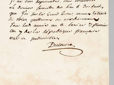 [ Pièce autographe signée : ] 1 P.A.S. d'une page, datée de Paris, 3 Pluviôse An 7 : "Je soussigné Jacques Antoine Dulaure, représentans du Peuple, membre du Conseil des Cinq Cents, déclare que je n'ai été compris, soit dans mon Départ., soit à Paris, sur aucuns rôles de contributions en l'an 6 et années antérieures, pourquoi je ne puis représenter, pour percevoir le dernier semestre de l'an 6 des rentes [... ]"