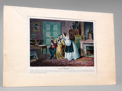 Le Bon Ménage [ Belle gravure en couleurs ] "Adèle de Solanges n'avait point de fortune, son fiancé avocat n'avait encore qu'une belle réputation mais ...