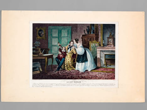 Le Bon Ménage [ Belle gravure en couleurs ] "Adèle de Solanges n'avait point de fortune, son fiancé avocat n'avait encore qu'une belle réputation mais ...