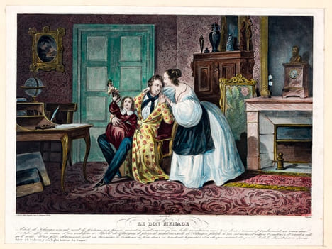 Le Bon Ménage [ Belle gravure en couleurs ] "Adèle de Solanges n'avait point de fortune, son fiancé avocat n'avait encore qu'une belle réputation mais ...