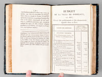 [ Recueil de 6 titres en éditions originales : ] De l’administration financière des communes de France, avec quelques applications à la ville de Bordeaux [Suivi de : ] Récit de la conduite des maréchaux de France à l’égard du Vicomte de Noé, Maire de Bordeaux [Suivi de : ] Observations sur l’ouvrage de M. Poussielgue, inspecteur-général des Fnances pour ce qui concerne le département de la Gironde [ Suivi de :] Coup d’oeil sur les avantages de la nouvelle Grande Route projetée au travers de la Palu de Cénon-Labastide, et devant servir d’avenue au pont de Bordeaux [ Suivi de : ] De quelques Monumens qui existent, et des Travaux Publics qui s'exécutent dans le Département de la Gironde [ Suivi de :] Mémoire explicatif des projets d'alignement et d’embellissement proposés pour la ville de Bordeaux en exécution de la loi du 11 septembre 1807