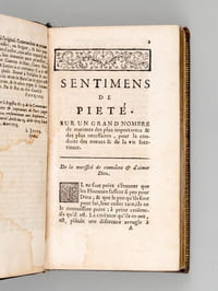 Sentimens de Piété, où il est traité de la necessité de connoître & d'aimer Dieu ; de l'obéissance qui lui est dûë , de sa sainteté, &c. Et de plusieurs matières des plus importantes, & des plus nécessaires pour la conduite des moeurs & de la Vie intérieure.
