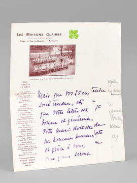 [ 3 lettres autographes signées de remerciements pour l'oeuvre "Les Maisons Claires" ] "Mais que vos 25 ans sont tendres et que votre lettre est bonne ...