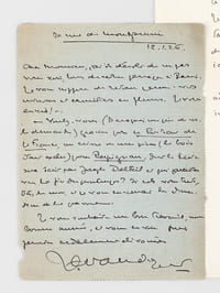 [ 2 lettres autographes signées : ] 1 L.A.S. datée du 12 janvier 1926, adressée à l'artiste Roger Grillon : [ il regrette de ne pas l'avoir croisé à Paris et continue : ] "Voulez-vous (Daragnès me prie de vous le demander) graver pour le "Portrait de la France" un cuivre ou une pierre (le bois étant exclu) pour Perpignan, dont le texte sera écrit par Joseph Delteil et qui paraîtra vers la fin du printemps ? Si cela vous tente, dites-le moi et je vous enverrai la dimension de la gravure [etc... ] [Avec : ] 1 L.A.S. datée du 12 octobre 1926, Petit Cap Brun, Toulon, Var : "Monsieur, une lettre comme celle que je reçois de vous est la vraie récompense de l'écrivain. Je vous remercie d'avoir lu "Beauté de la Provence" avec tant d'attentive bienveillance ; et je vous remercie aussi de me le dire d'une manière qui m'encourage à travailler, ici, au second volume de ces "Beautés" [ etc... ] 