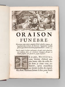 [ Recueil de 7 Oraisons Funèbres en éditions originales : ] [ Oraison Funèbre de tres-haut & tres-puissant Prince, Henri de la Tour-d'Auvergne, Vicomte de Turenne, par Fléchier] [ Suivi de : ] Oraison Funèbre de tres-haute et tres-puissante Princesse Anne de Gonzague de Clèves, Princesse Palatine [par Bossuet ] [ Suivi de : ] Oraison Funèbre de Madame Marie de Wignerod Duchesse d'Aiguillon, Pair de France, prononcée en l'Eglise des Carmélites de la ruë Chapon le 12 jour d'Aoust 1675, par Monsieur l'Abbé Fléchier [ Suivi de : ] Eloge Funèbre du très haut très puissant et très excellent Prince Henri de Bourbon Prince de Condé et premier Prince du Sang [par Louis Bourdaloue ] [ Suivi de : ] Oraison Funèbre prononcée aux Obsèques de feu Monseigneur Le Cardinal de la Rochefoucault dans l'Eglise de Saint Geneviève le XXXI de Mars M.DC.XLV. Par le R.P. André Castillon [ Suivi de : ] Le Pontife de la Justice ou Eloge Funèbre de Messire Pierre Scarron Evesque et Prince de Grenoble. Prononcée dans l'Eglise Cathédrale de Nostre-Dame de Grenoble le 13 Février 1668 par le R.P. Nicolas de Dijon, Capucin [ Suivi de : ] Oraison Funèbre de Marie Terese d'Austriche Reine de France et de Navarre [ par Fléchier ]