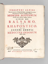 Medicina aegyptiorum. Accessit huic editioni ejusdem Auctoris Liber de Balsamo, et Rhapontico, ut et Jacobi Bontii Medicina Indorum