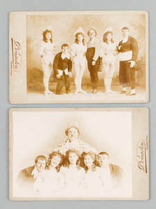 2 photos anciennes d'une troupe de 3 clowns accompagnés de 3 jeunes femme (écuyères ou trapézistes ?). L'une dédicacée au verso : "A mon cher ami Adrien Robert Bordeaux le 28 mars 1897" signée : "Alfred Trotman, 35 rue de la Cote St Thibault Bois Colombes Seine" [ Cirque Plège ].