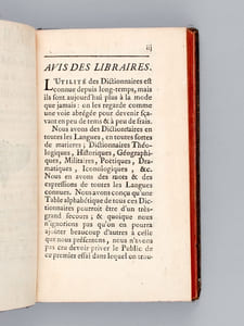 Table alphabétique des Dictionnaires, en toutes sortes de Langues & sur toutes sortes de Sciences & d'Arts [ Suivi de : ] Dissertation sur les Bibliothèques Avec une Table Alphabétique, tant des Ouvrages publiés sous le titre de Bibliothèques, que des Catalogues imprimés de plusieurs Cabinets de France & des Pays étrangers [ Editions originales ]