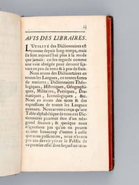 Table alphabétique des Dictionnaires, en toutes sortes de Langues & sur toutes sortes de Sciences & d'Arts [ Suivi de : ] Dissertation sur les Bibliothèques Avec une Table Alphabétique, tant des Ouvrages publiés sous le titre de Bibliothèques, que des Catalogues imprimés de plusieurs Cabinets de France & des Pays étrangers [ Editions originales ]