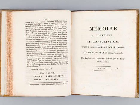 [ Recueil de 4 Titres : ] Mémoire à Consulter et Consultation, pour le Sieur Michel Jeune, Plaignant ; Contre les Sieurs Reynier et Boissière ; et ...